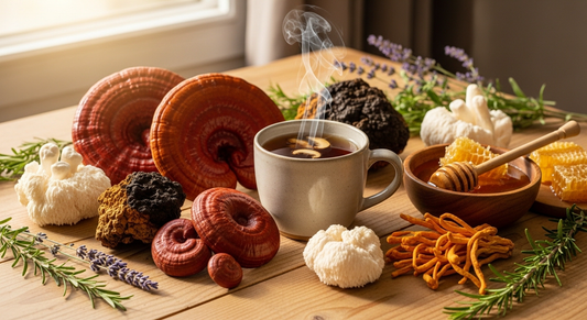 Featured image of a steaming mushroom tea surrounded by functional mushrooms and herbs, representing natural stress relief, mental clarity, and emotional balance