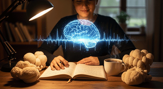 A focused person with a cup of Lion’s Mane mushroom coffee and a glowing brain graphic representing mental clarity and improved memory
