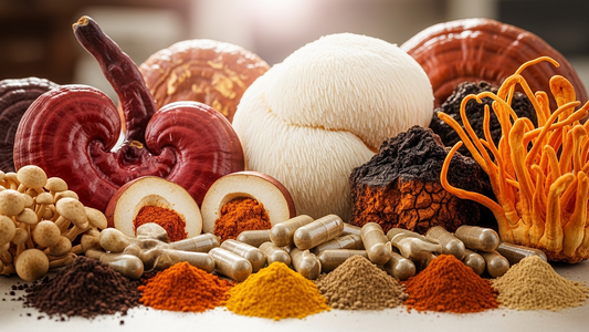 Medicinal mushrooms and capsules arranged together highlighting natural wellness, energy, and brain support