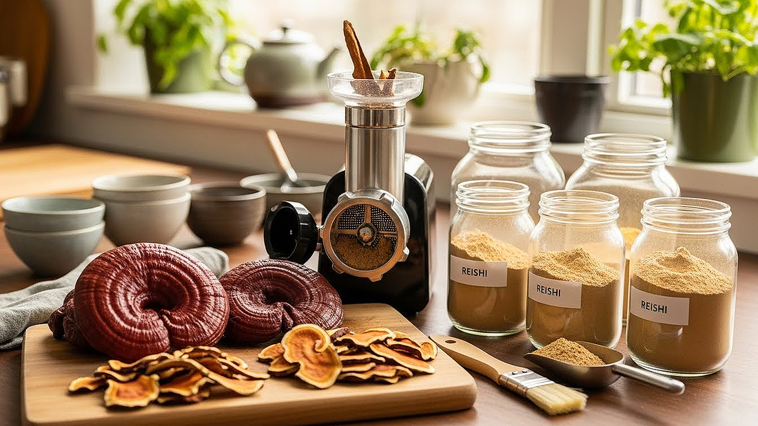 Home preparation process of reishi mushroom powder from start to finish
