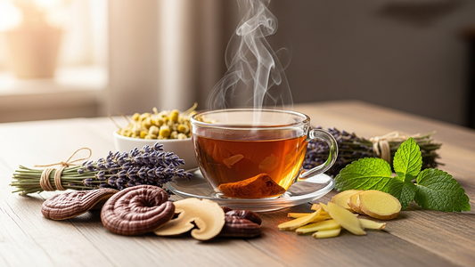 Steaming cup of Reishi mushroom tea with surrounding herbs like chamomile, lavender, lemon balm, and ginger in a serene, sunlit setting