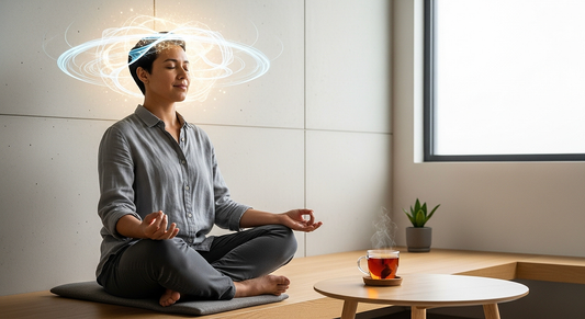 A calm person enjoying Reishi tea, with a visual representation of mental clarity.