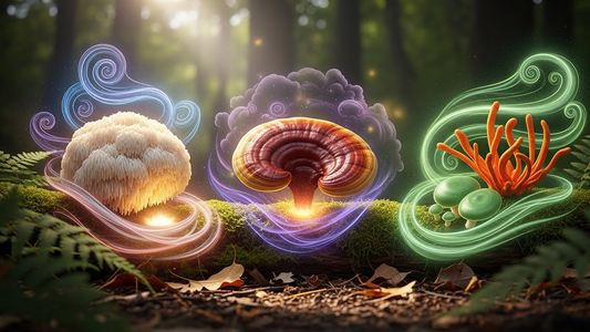 Functional mushrooms in a forest setting symbolizing natural anxiety relief, improved sleep, and emotional balance