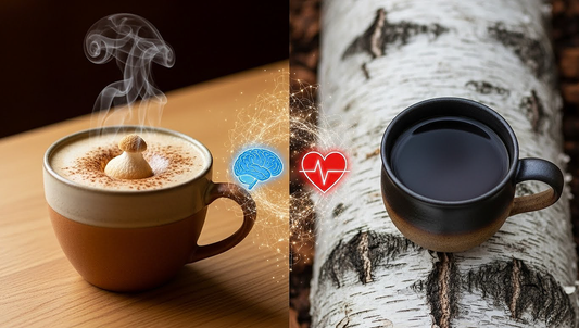 A conceptual split image featuring Lion's Mane and Chaga drinks, with mycelium connecting brain and heart icons, symbolizing mind-body balance.