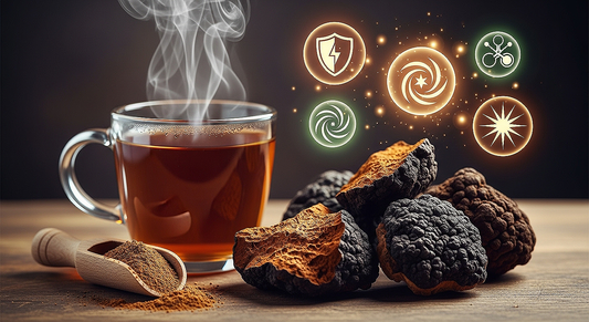 Cup of Chaga tea with Chaga powder and immune health imagery representing natural immune system support.