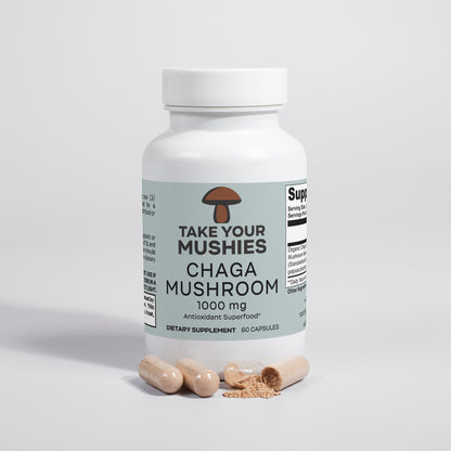 Supplement bottle labeled 'Take Your Mushies Chaga Mushroom' on a light gray background