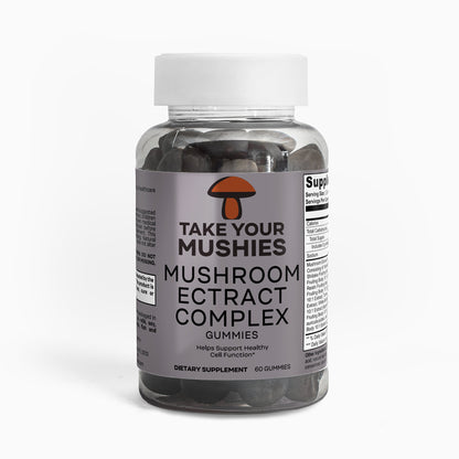 Bottle of 'Take Your Mushies' mushroom extract complex gummies on a white background