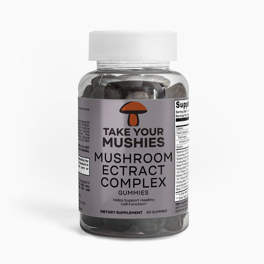 Bottle of 'Take Your Mushies' mushroom extract complex gummies on a white background