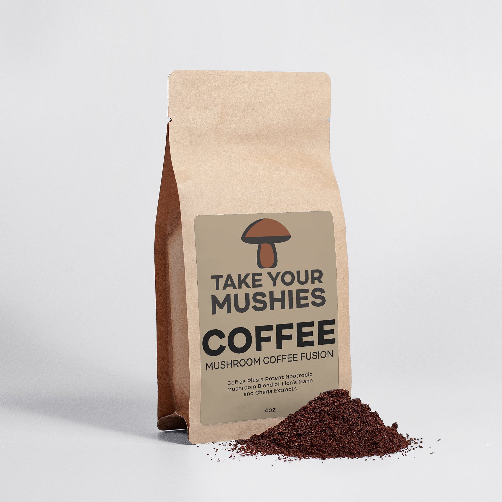 Coffee bag labeled 'Take Your Mushies Coffee' with mushroom graphic on a light gray background