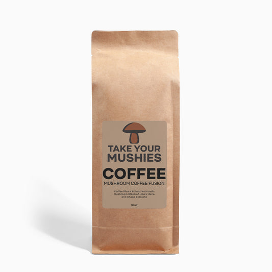 Kraft paper coffee bag with 'Take Your Mushies Coffee' label on a white background