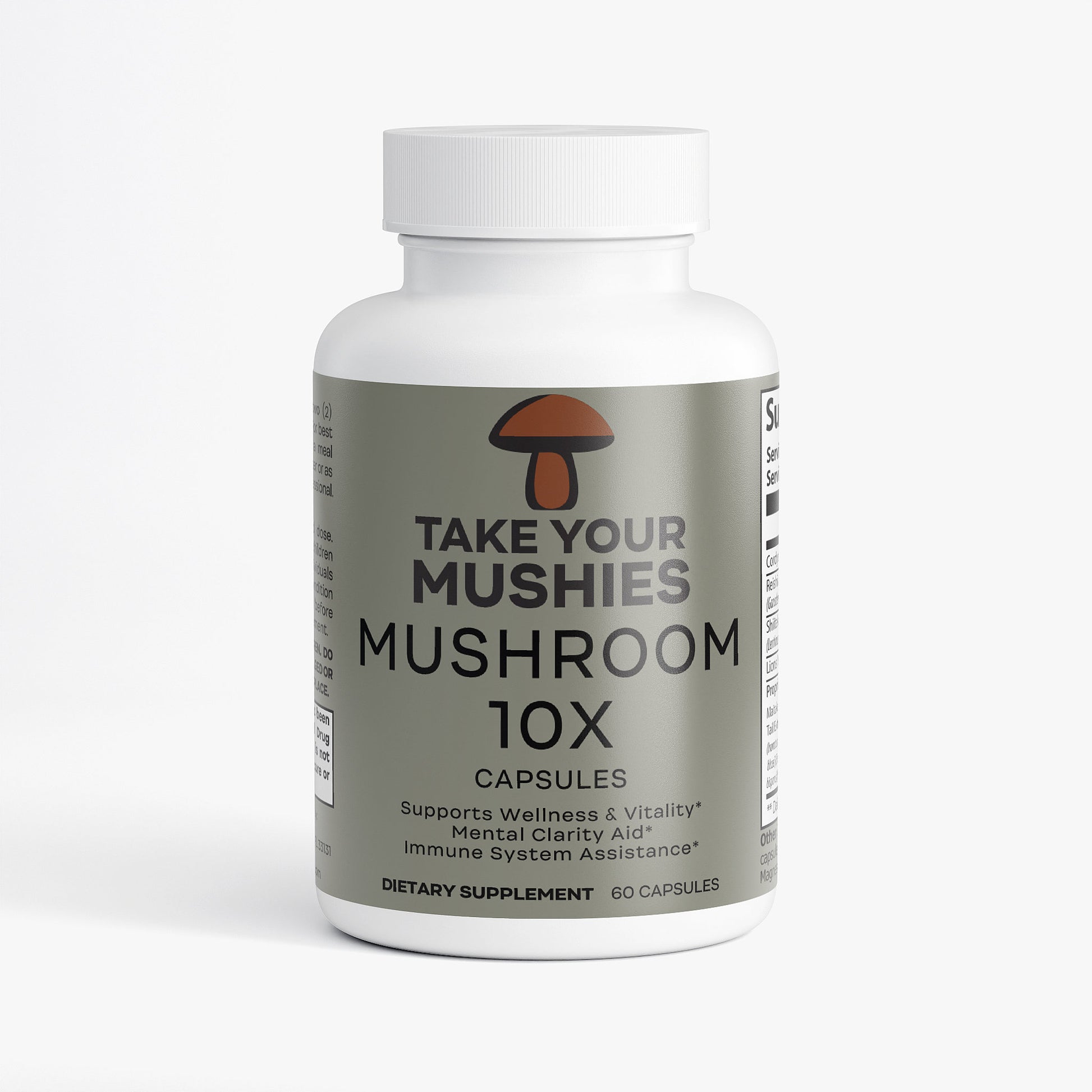 Bottle of 'Take Your Mushies' mushroom supplement capsules on a white background