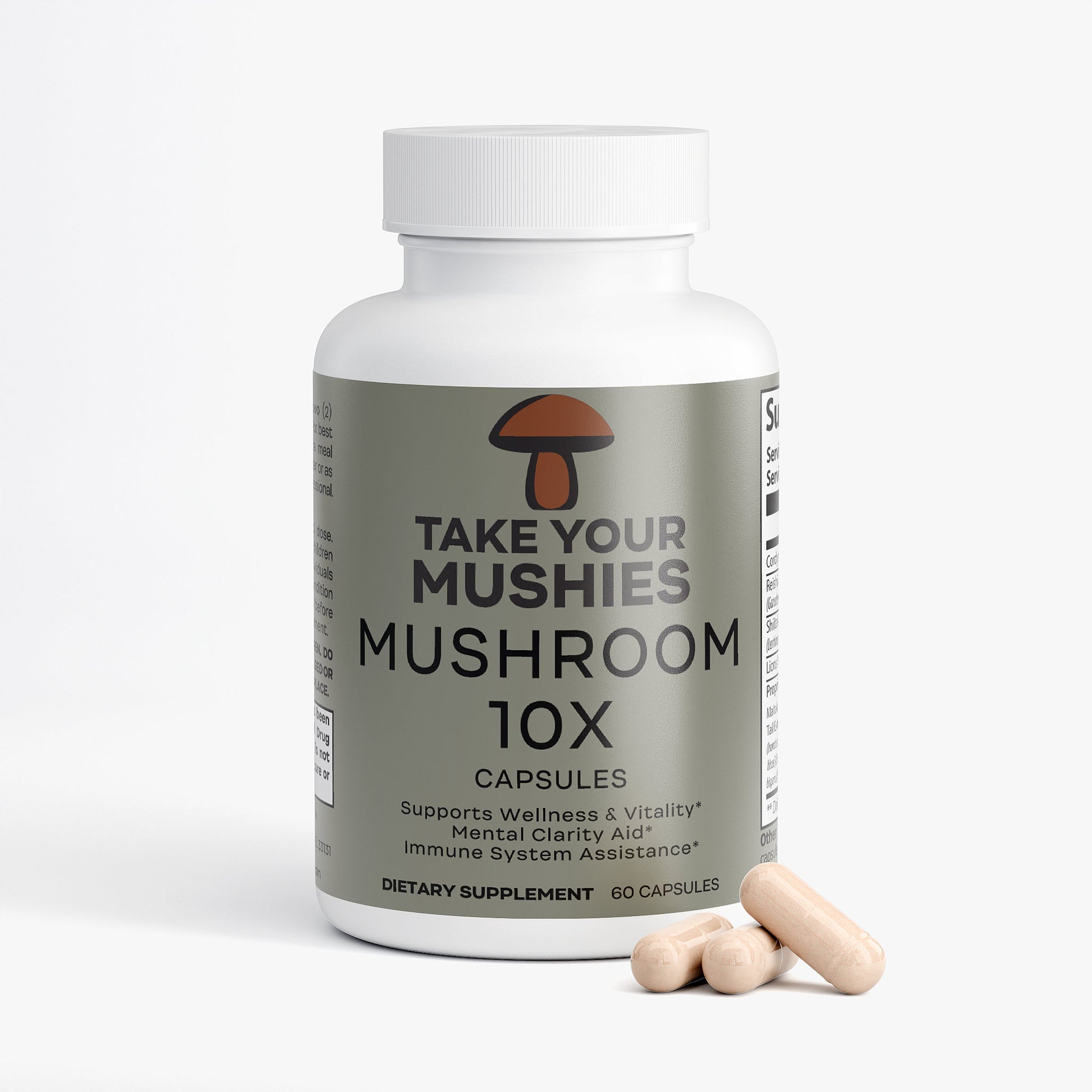 Bottle of 'Take Your Mushies' mushroom supplement capsules on a white background
