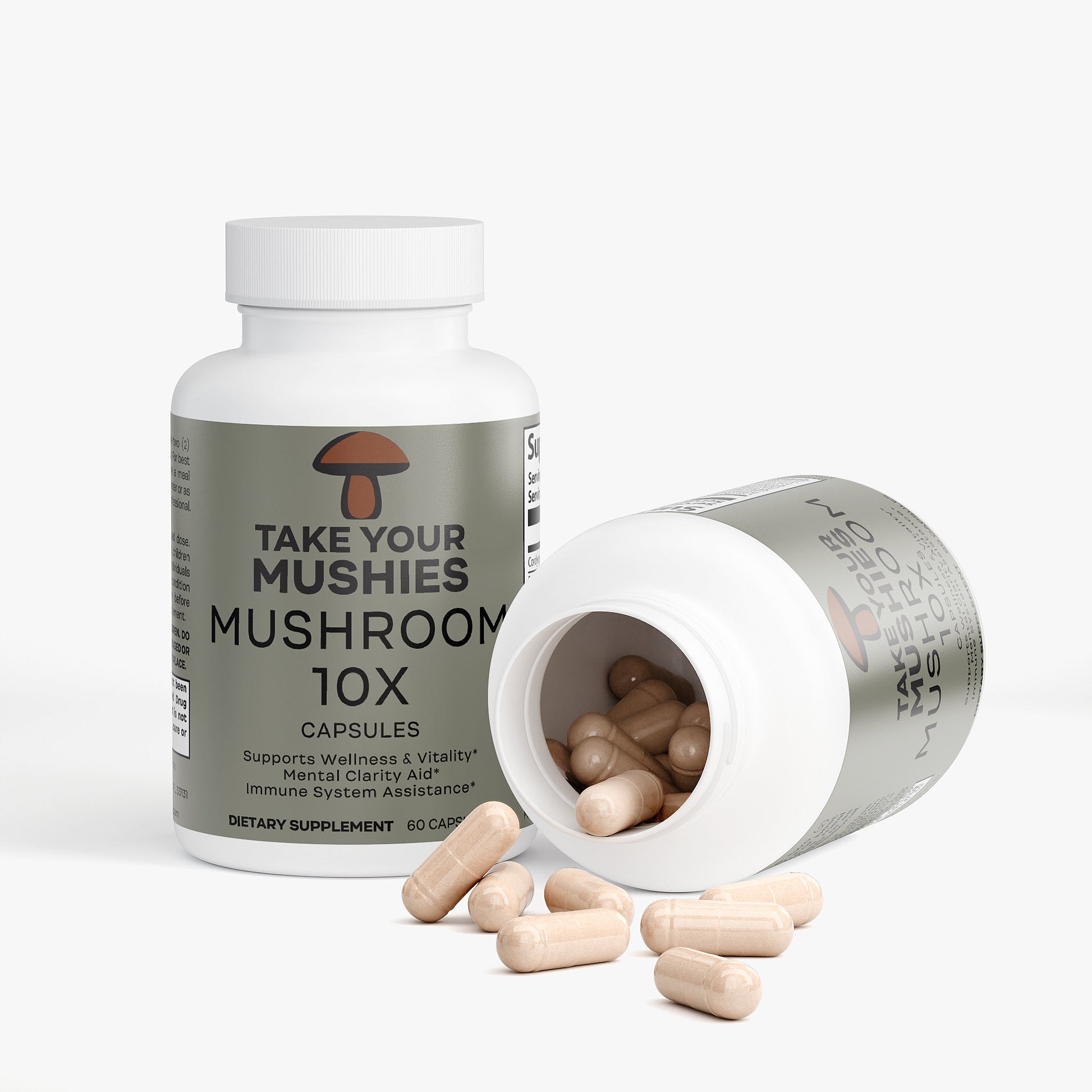 Mushroom supplement bottle with open cap showing capsules on a white background