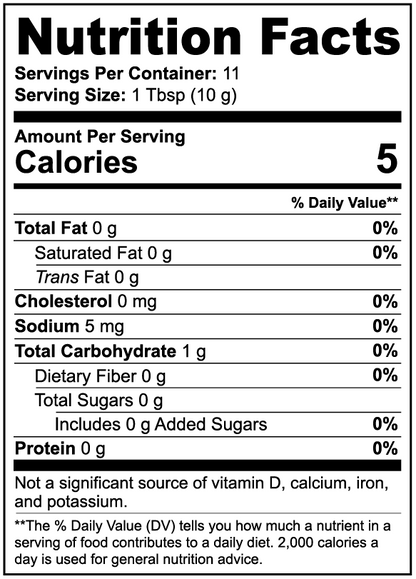 Nutrition facts label for a product with 5 calories per serving. Takeyourmushies coffee