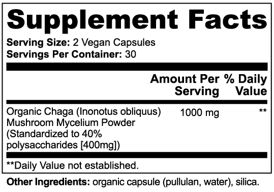 Supplement facts label for Organic Chaga mushroom powder with serving size and container details. TakeYourMushies