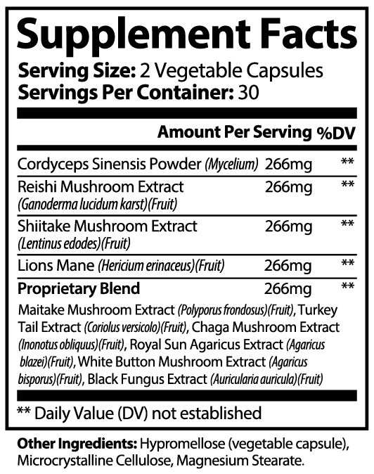 Supplement facts label with various mushroom extracts and serving information. Takeyourmushies